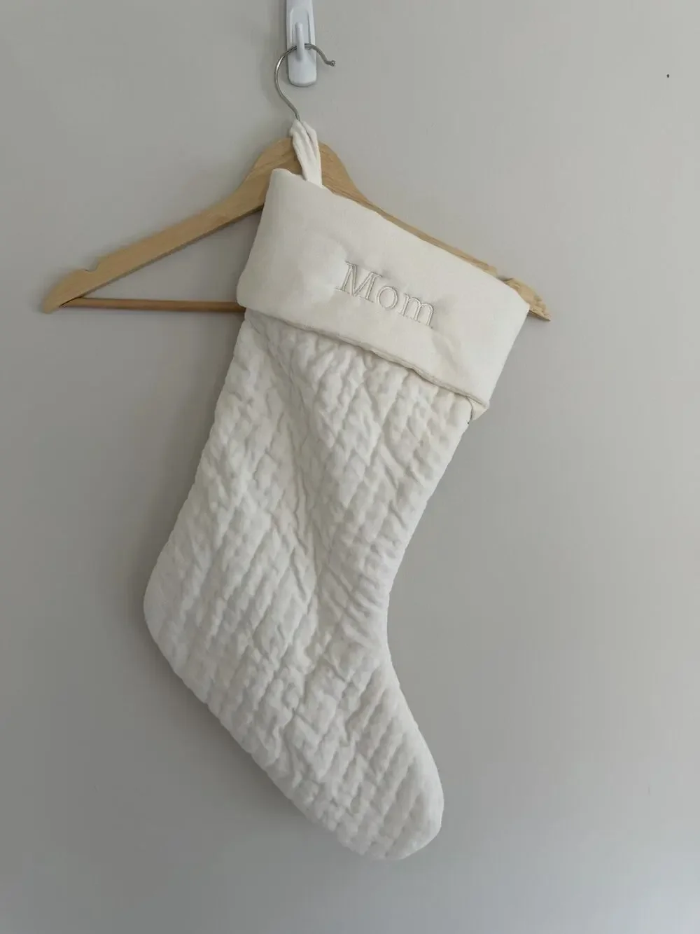 Pottery Barn Channel Quilted Ivory Velvet Medium Stocking Mono “MOM” Christmas